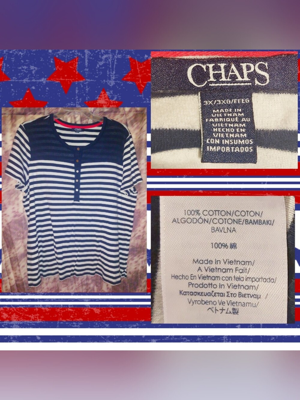 Chaps Navy Blue & White Striped Henley Soft Knit Top w/Sheer Yoke 3X(20/22/24)